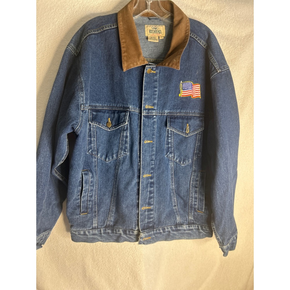 Vintage RedHead Mens Denim Trucker Jacket American Flag Patch Corduroy Collar L